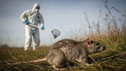 Rodent control specialist in protective suit attempts to catch a field rat with a net. Pest elimination and disease prevention concept. Environmental health.
