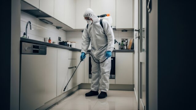 Man pest control worker in protective suit spraying kitchen. Disinfectant specialist wearing PPE for covid 19 prevention, sanitation service, coronavirus pandemic.