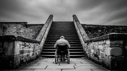 Man in wheelchair facing a long, stone staircase. Concept of life challenge, barrier, and accessibility issue in black and white.