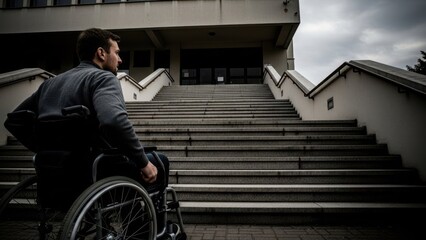 Naklejka premium Man in wheelchair facing a large staircase, symbolizing challenge and accessibility issue. Urban obstacle and struggle for inclusive design.