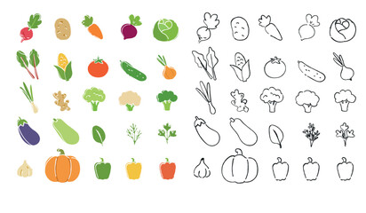 Vegetable Icons with Color and Outline Variations