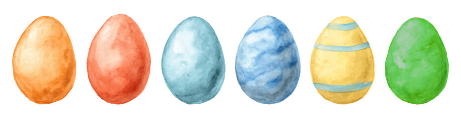 Watercolor set of Easter eggs. Colorful painted eggs with ornament. Easter symbol. Easter hand drawn cliparts. Happy Easter. Vector illustration.