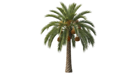 Obraz premium A mature date palm tree with clusters of ripening brown dates and lush green fronds, isolated on a transparent background, cutout, PNG