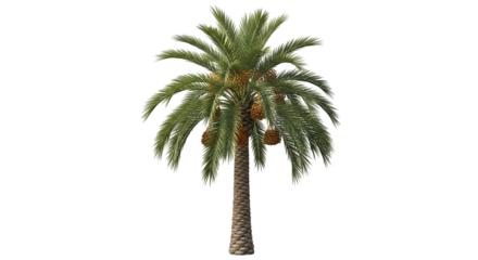 A mature date palm tree with clusters of ripening brown dates and lush green fronds, isolated on a transparent background, cutout, PNG