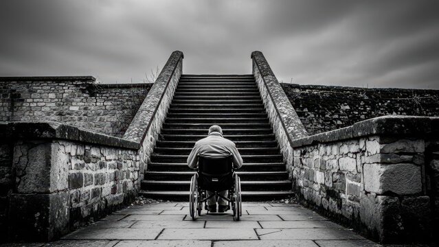 Man in wheelchair facing a long, stone staircase. Concept of life challenge, barrier, and accessibility issue in black and white. - Powered by Adobe