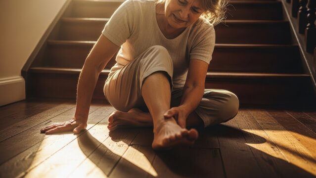Senior woman sitting on floor holding painful ankle after fall from stairs. Elderly person injury and accident concept for healthcare and medical issues.