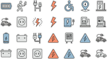 Collection of electric vehicle charging and power icons with batteries plugs and charging stations