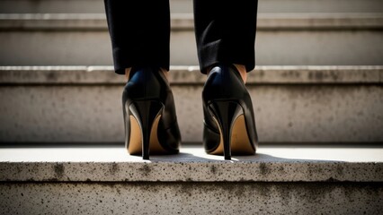 Woman in black high heels standing on a grey concrete staircase. Concept of career advancement, corporate success, or aspiration for professional growth.