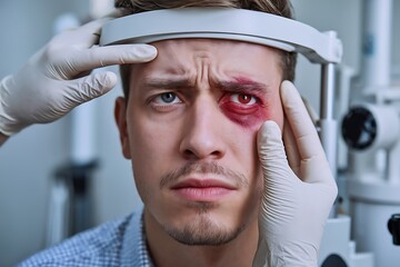 Concerned Man Undergoing Eye Examination with Dark Bruise on Eye Socket Amid Medical Assessment.