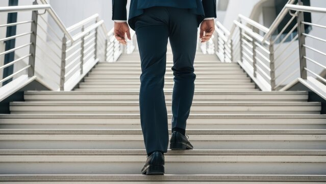 Man on stairway climbing up. Businessman taking steps toward success and challenge. Corporate rise concept.