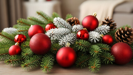 Festive Red Ornaments and Pine Branches Decorating a Table for the Holiday Season