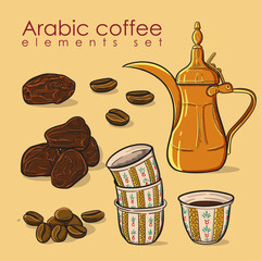 Arabic coffee elements including Dallah(coffee pot),dates, cup(finjan),dates and coffee beans.Line art	
