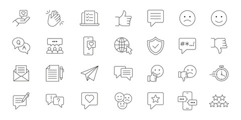 Feedback, rating outline icon set. customer experience and review linear icons collection. Review icon set. Containing Feedback, testimonial, ratings, comment, like, satisfaction, evaluation, survey.