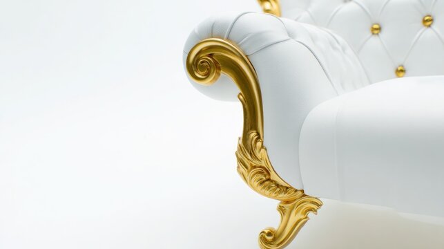 An elegant curved armchair with gold accents on a pure white background. real-estate listings, architecture portfolios, designed for architectural facade and classical detail presentations.