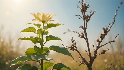 Sunlit green plant beside dry dead branch in field