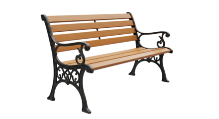 Ornate Cast Iron Park Bench with Wooden Slats, isolated on a transparent background, cutout, PNG