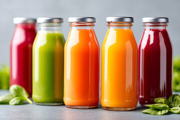 Freshly squeezed juices displayed in glass bottles on a kitchen countertop Generative AI