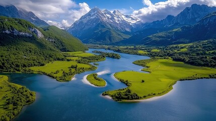 An aerial view of a winding blue lake surrounded by vibrant green hills and majestic snow-capped mountains under a bright, partly cloudy sky.