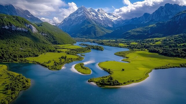 An aerial view of a winding blue lake surrounded by vibrant green hills and majestic snow-capped mountains under a bright, partly cloudy sky.