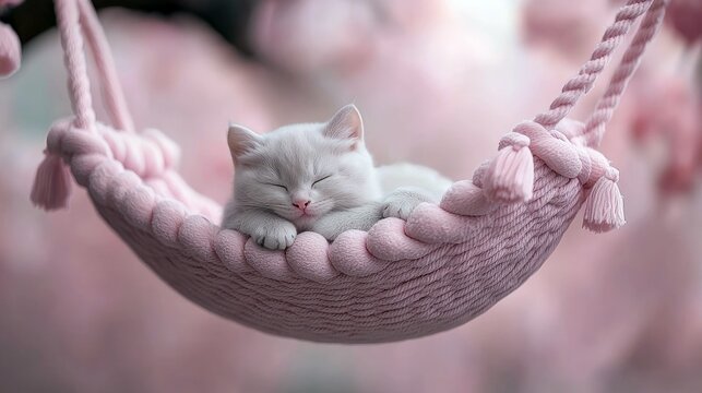 A fluffy white kitten is sleeping soundly in a pink knitted hammock. The background is soft and blurred with pink hues, suggesting a gentle, dreamy atmosphere.