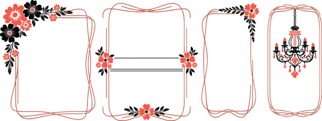 Floral decorative frames and a chandelier illustration with coral and black accents