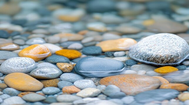 Close-up of smooth, colorful river stones submerged in clear, shallow water. The stones are rounded and varied in size and color, with a soft, diffused natural