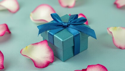 Elegant teal gift box tied with a satin ribbon, surrounded by delicate pink rose petals on a soft blue backdrop, perfect for anniversaries or birthdays