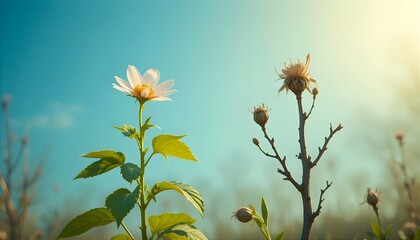 Green flower and dry stem contrast in sunrise field