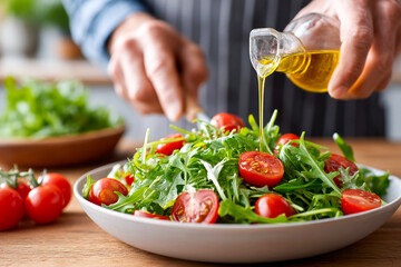 Fresh salad preparation with cherry tomatoes and olive oil in a rustic kitchen Generative AI