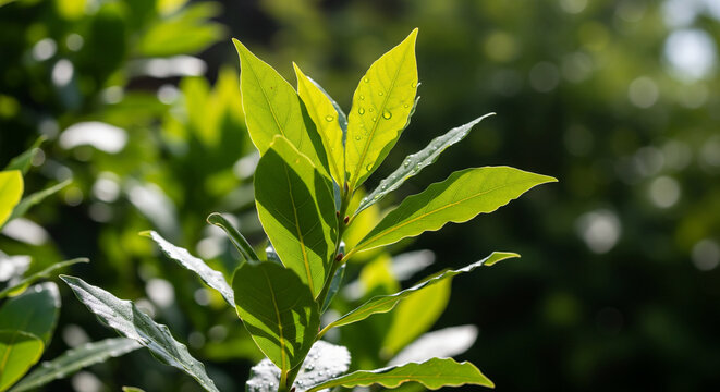 Close-up of fresh green leaves with water droplets, backlit by vibrant sunlight.