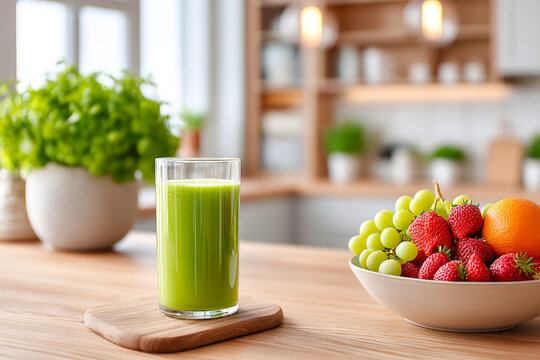 Fresh green juice and fruit bowl on wooden kitchen table in bright setting Generative AI