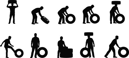 Silhouettes of men interacting with car tires in various poses and actions vector