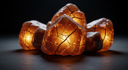 Cracked Elemental Stones Emitting Warm Light in Darkness