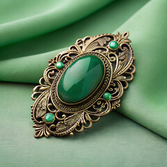 Vintage large green Brooch on with Dark Gold Detailing in Dutch Golden beautiful Style, Vintage brooch with a large green stone on a green background.
