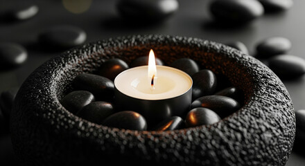 Tranquil scene with a warm candle flame and smooth black spa stones in a textured bowl.