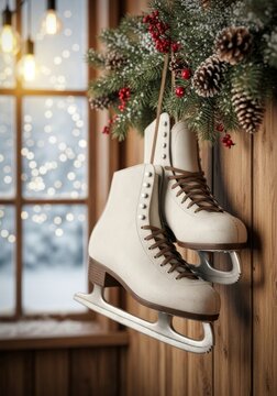 wei&szlig;e schlittschuhe an holzwand mit tannenzweigen vor winterfenster wirken warm und nostalgisch Generative KI