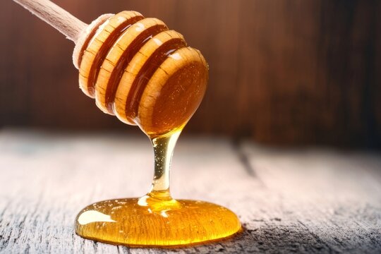 Golden Honey Drizzle Cascading from Wooden Dipper onto Rustic Wooden Surface, Capturing Sweetness
