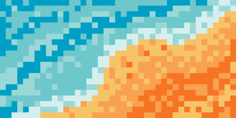 Abstract background of blue sea beach waves seen from above with pixel art