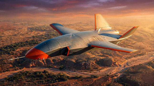 Futuristic stealth unmanned combat aerial vehicle flying in desert sky