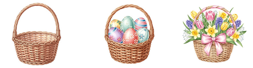 Three woven baskets: one empty, one with eggs, one with flowers on a solid color background on transparent background