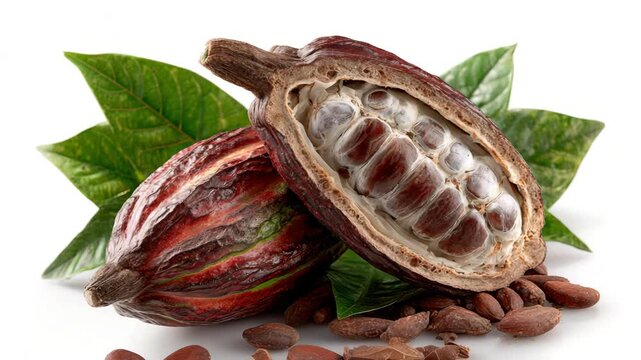 Cacao pod cut open to reveal raw cacao beans, surrounded by whole beans, highlighting the natural origin of chocolate.