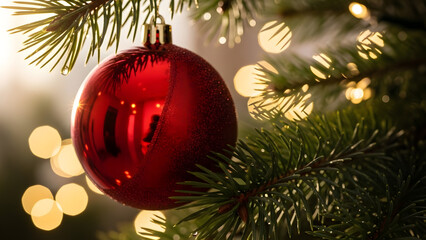 Close-up of a red bauble ornament hanging on a pine tree branch with bokeh lights