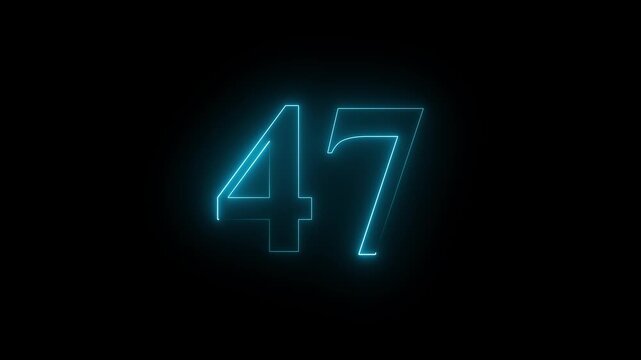 Neon text 47 number countdown icon blue color navy  and black background . Neon number 47 with alpha channel, neon numbers, Bright neon glowing number 47, Energy Neon Number 47 Animation. 4k video..