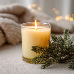 Warm Minimal Holiday Candle with Pine Branch