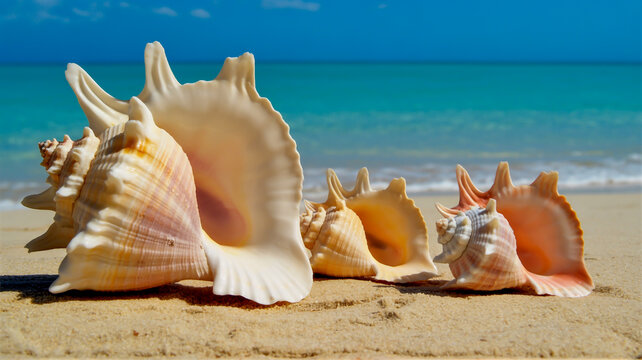 Close up of large conch shells on sandy beach with turquoise ocean and blue sky background