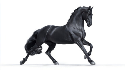 elegant slender black and white horse with thin legs isolated on white background,  Majestic freedom equestrian running animal, Beautiful slender galloping ,Black and white friesian stallion with long