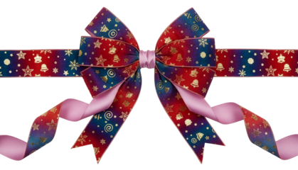 Vibrant Christmas ribbon bow with festive patterns and soft gradients, isolated on transparent background.