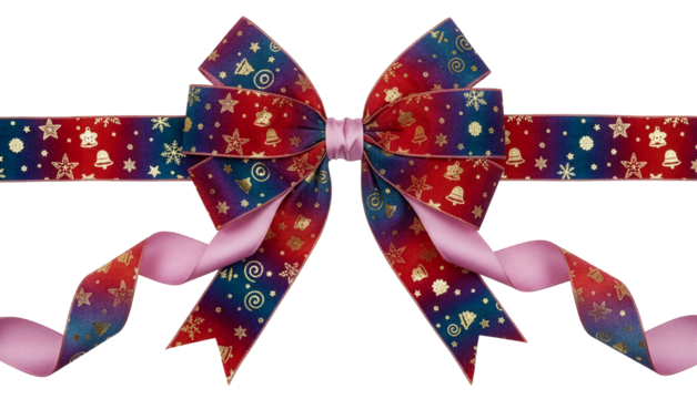 Vibrant Christmas ribbon bow with festive patterns and soft gradients, isolated on transparent background. - Powered by Adobe