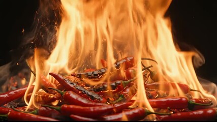 Chili Peppers Burning on Fire, Close Up