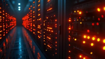 Data center with illuminated servers showcasing vibrant orange lights during nighttime operations in a high-tech facility - Powered by Adobe